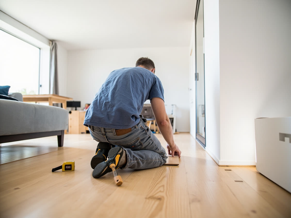 Handwerker verlegt Vinylboden in einem hellen Wohnzimmer