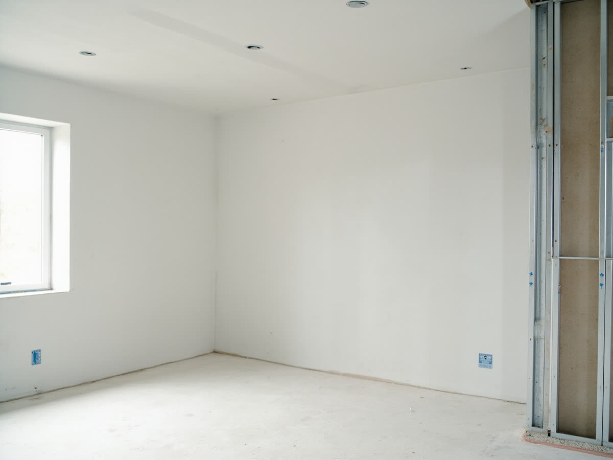 Trockenbau: fertig verspachtelte Wand und abgehängte Decke