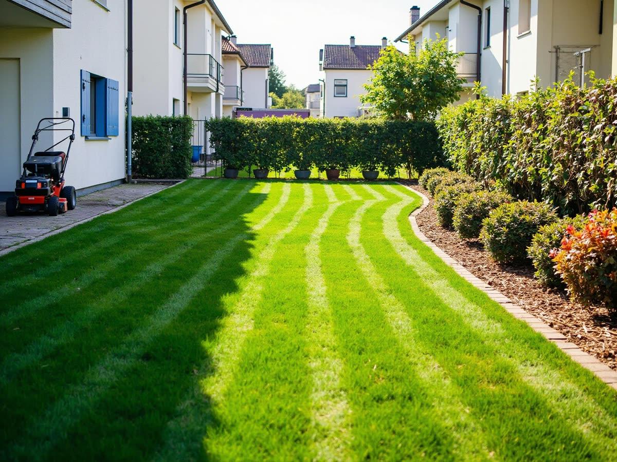 Gartenpflege: gemähter Rasen und geschnittene Hecke