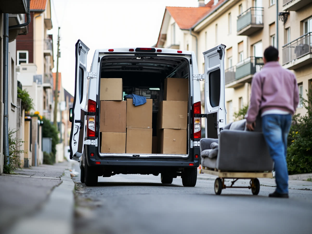 Umzugshilfe: verpacktes Sofa wird per Sackkarre in einen Transporter geladen