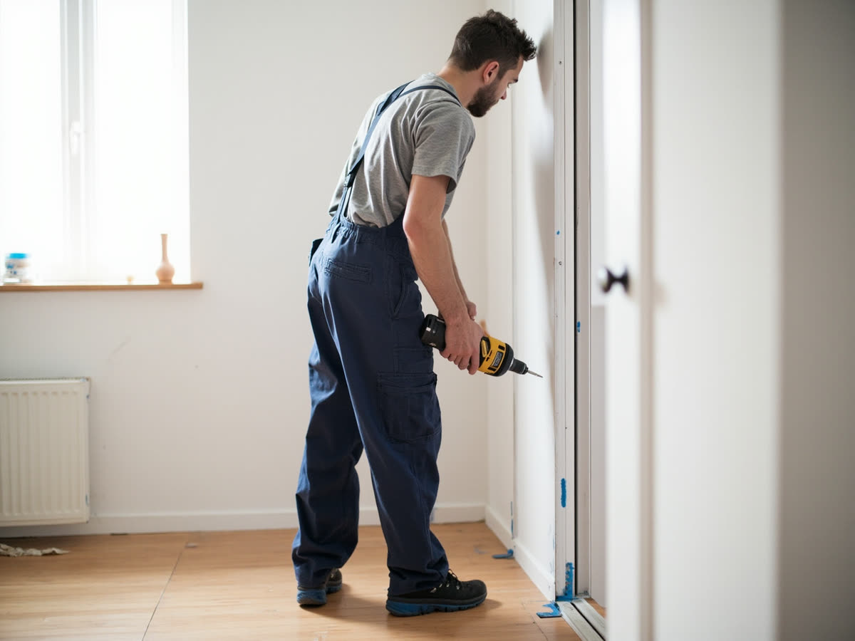Handwerker befestigt eine Gipskartonplatte in einer frisch renovierten Wohnung